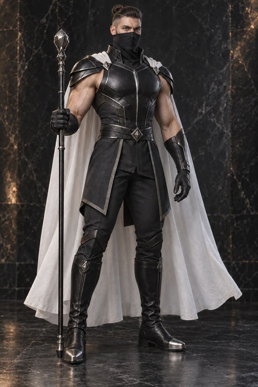 Full-length portrait of a muscular adult custodian in fitted black armour, a white cape, an opaque nose-to-neck mask and silver-tipped boots, with an undercut and tied bun.