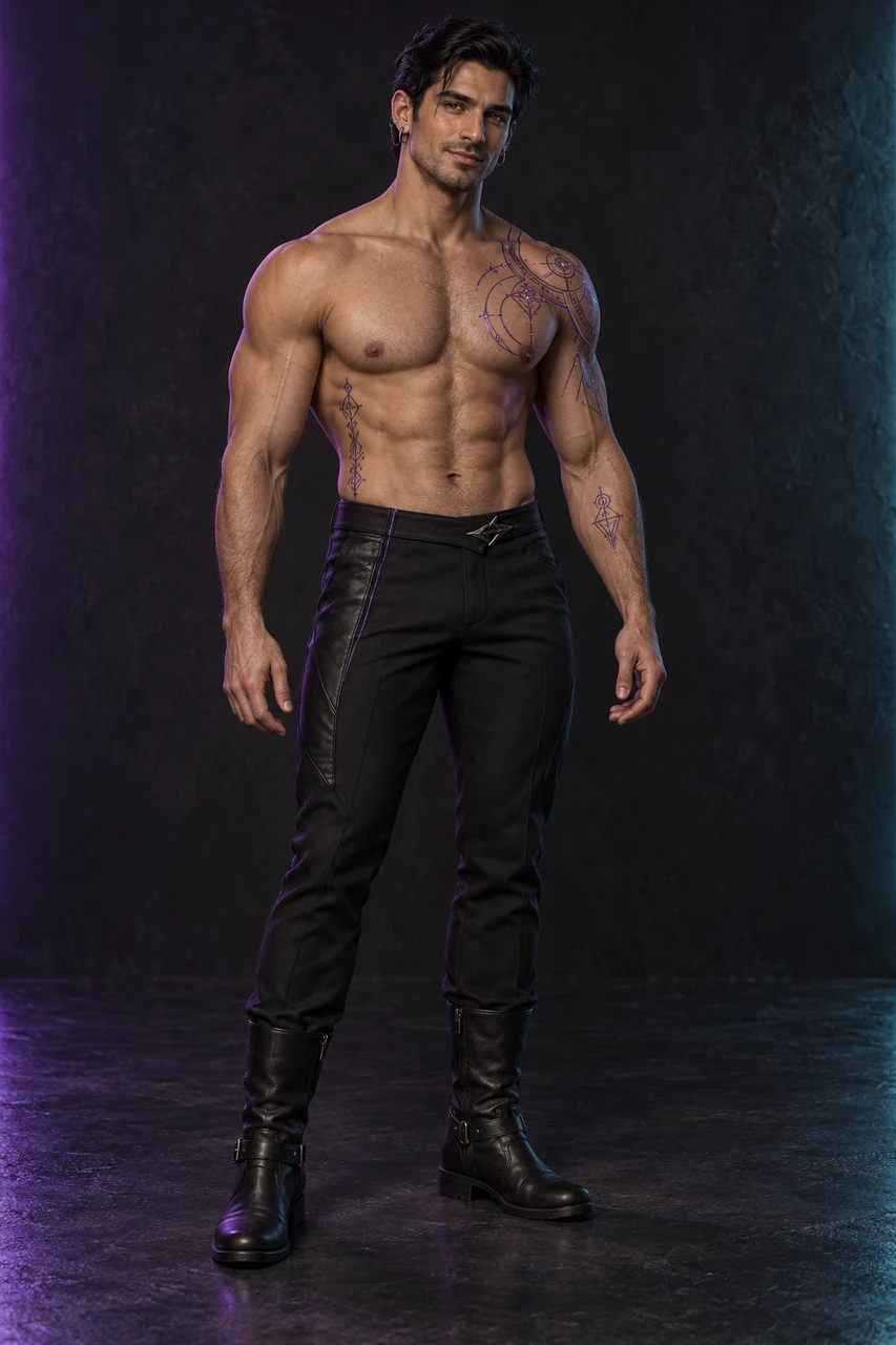 Vaerik Nhal stands bare-chested in fitted black trousers and boots, with metallic earrings and restrained violet geometric tattoos.