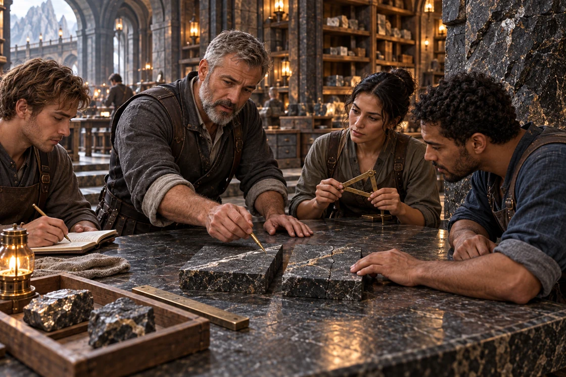 A specialist guides apprentices through the close examination of stone. Samples and instruments turn the hall into a place of shared attention.