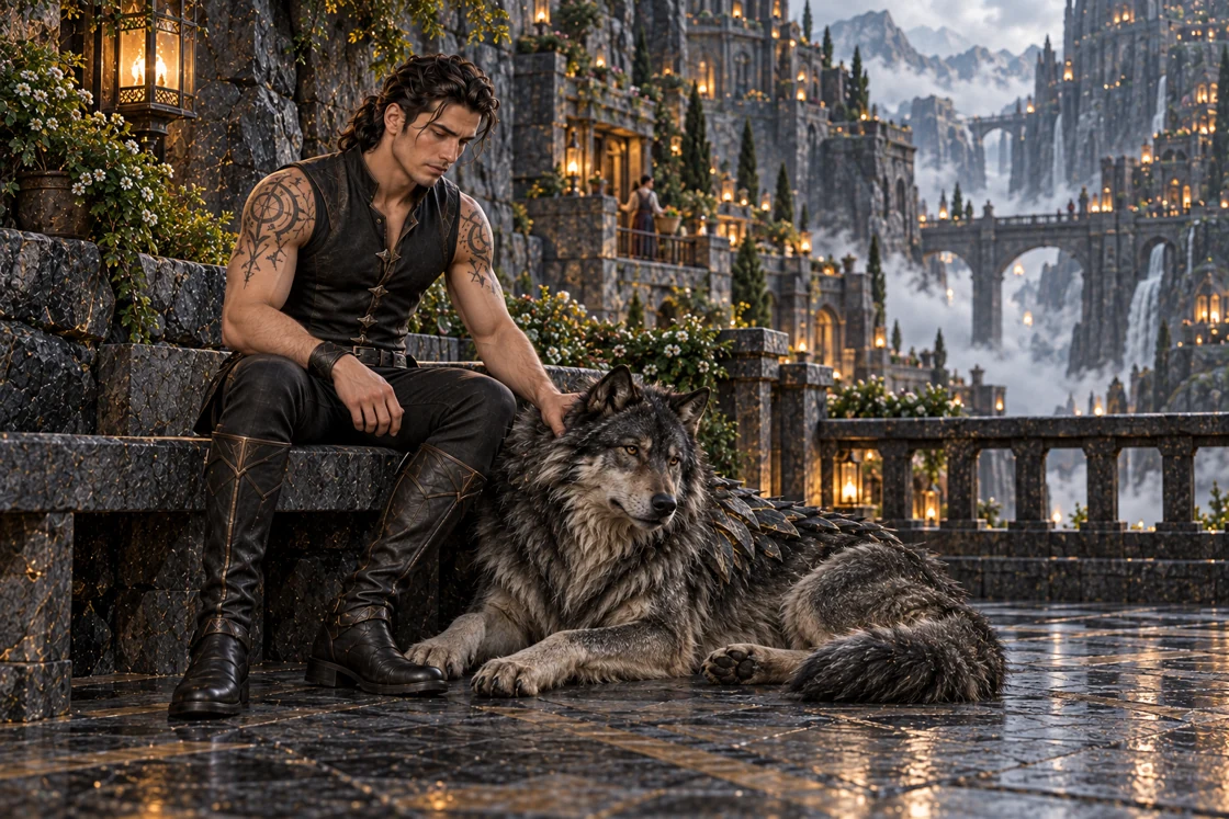 Aedrin sits on a quiet ledge with one hand in Korrath’s thick fur. The wolf rests beside him as the inhabited terraces recede into the hollow.