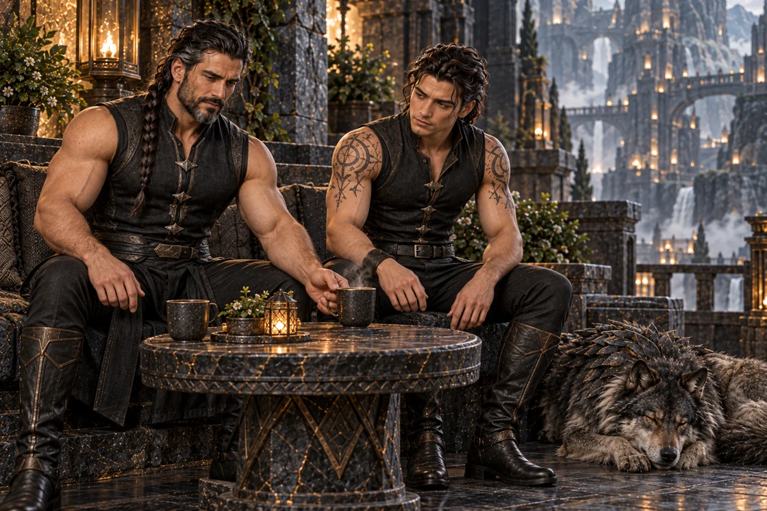 Dhaurven offers Aedrin a warm cup across the little table. Korrath sleeps beside the bench; father and son remain close, with much still unspoken.