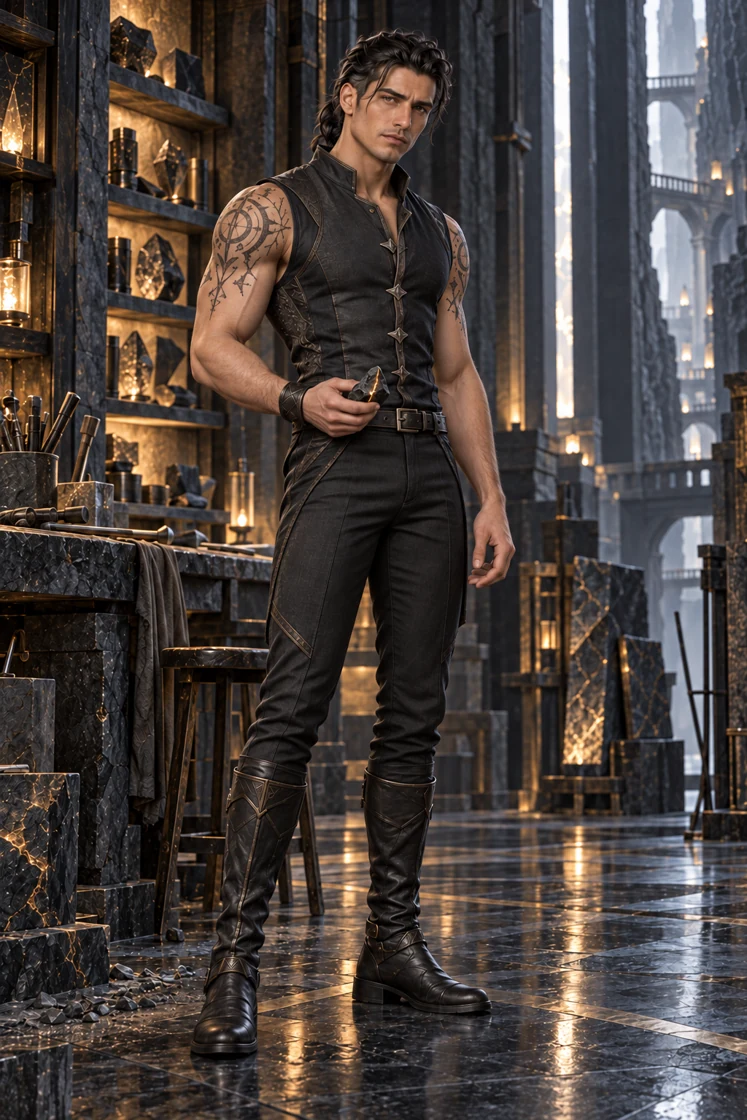 Dhaurven’s adult son carries both admiration for his father and the strain of his expectations. Dark arcane marks cover his shoulders; his own place in the mountain is still taking shape.