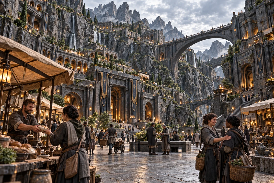 In the open court, stalls, tools and passing neighbours fill the space beneath the high bridges. The mountain’s scale meets the small exchanges of an inhabited city.