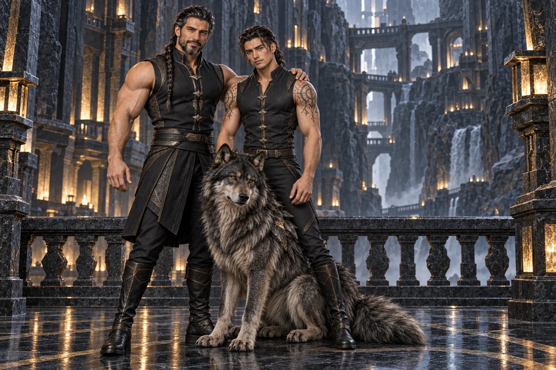 Father, son and wolf share a place within the mountain. Dhaurven’s greater mass and Aedrin’s younger bearing give each figure a distinct presence.