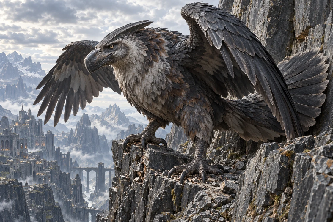A massive cliff bird grips the rock with powerful feet, its broad wings partly open. Dense slate feathers, a wedge-shaped beak and a braced fan of tail feathers shape its rugged silhouette.