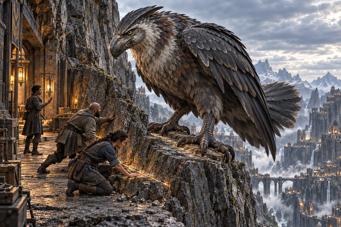 Three stoneworkers concentrate on the rock beneath a Draukhel. Their response is local and coordinated, holding the ledge while the great bird remains a presence of its own.