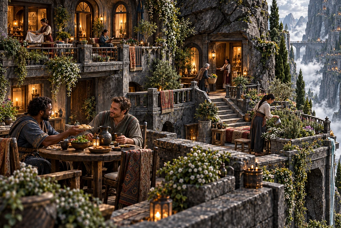 Homes occupy terraces above the mountain’s open depth. Gardens, doorways and small domestic tasks give each level its own rhythm.