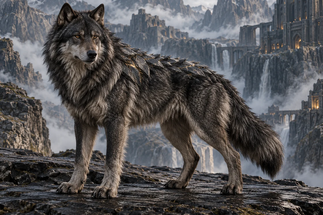 Korrath is a living wolf at Dhaurven’s side, with dark fur, a steel-grey ruff and low basalt plates along his back. His quiet presence extends into the household’s ordinary moments.