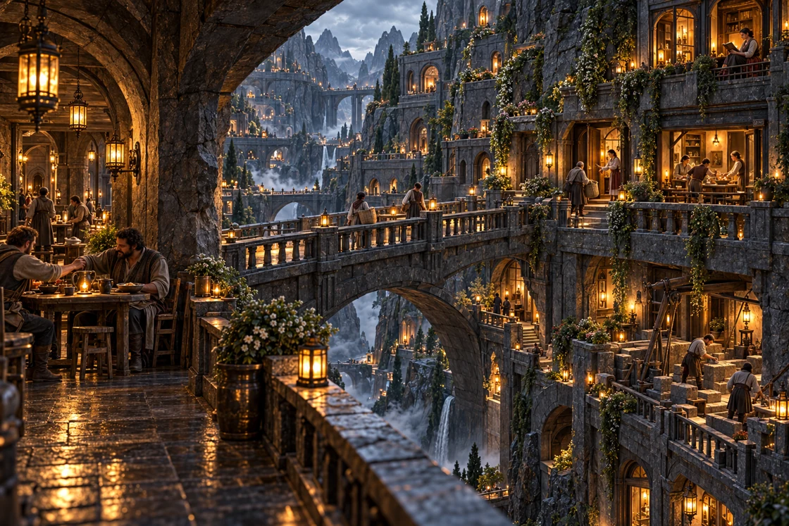 A cup passes across a table while provisions cross a bridge. Open rooms hold meals, reading and work, each window offering a separate glimpse of the city.