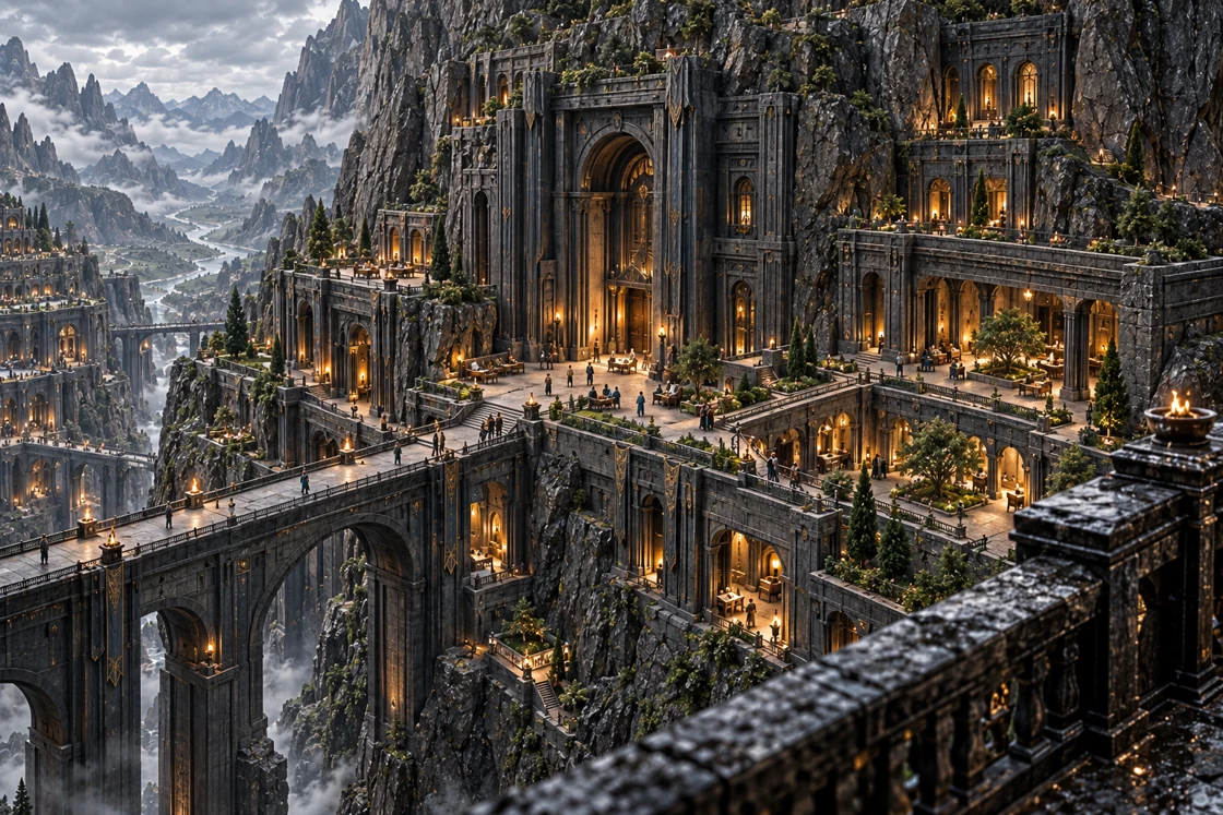 The Crown Hold is set into the mountain among courts and inhabited galleries. Its deep entrance belongs to the same working city that surrounds it.