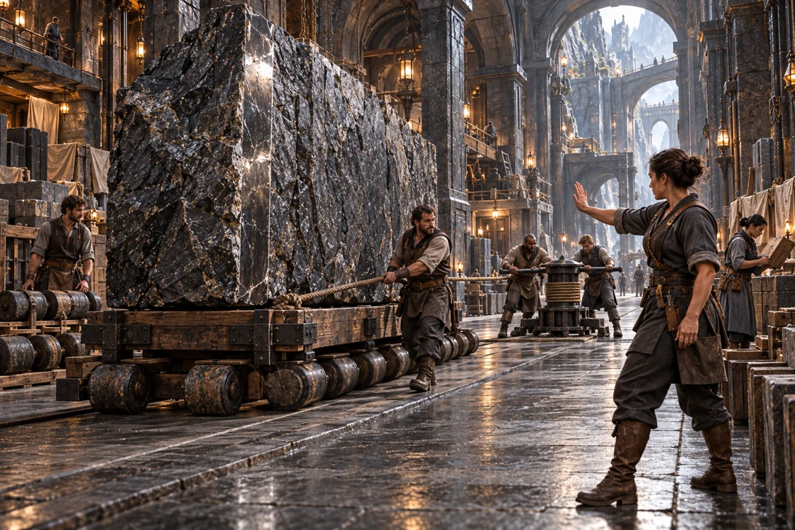 Workers coordinate the arrival of a heavy stone load within the galleries. Hands, signals and careful spacing make room for the work to proceed.