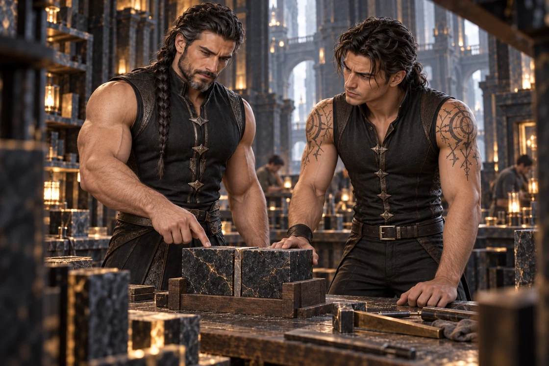 Dhaurven points to a small irregularity in the exercise. Aedrin steadies the stone and looks toward his father, the effort of the work held in the tension between them.