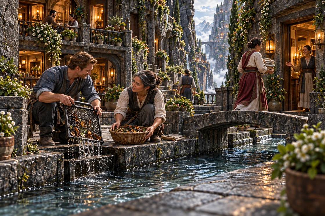 Water passes between the inhabited walls, close to hands, plants and daily errands. The channels belong to the life of the neighbourhood.