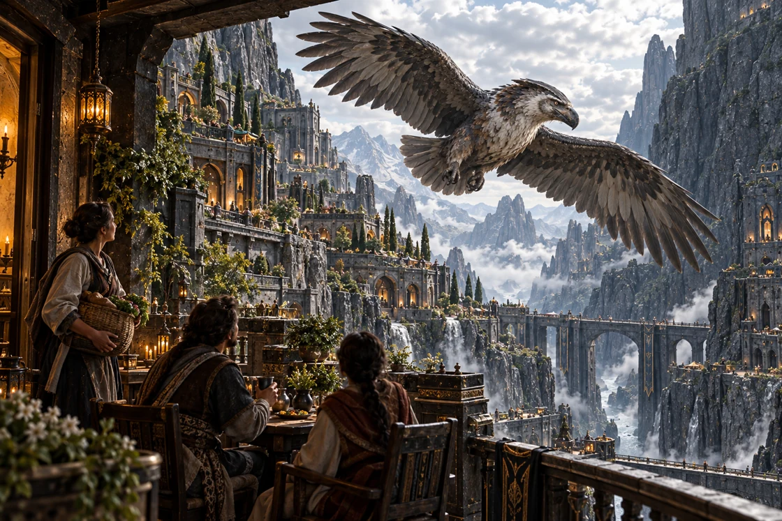 A Draukhel crosses the hollow beyond the residential gallery. Neighbours glance up from provisions and a shared table as its broad wings pass between the terraces.