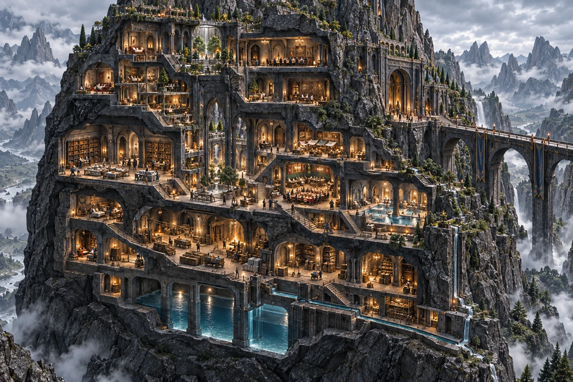 A cutaway reveals the mountain’s inhabited depth: working galleries, halls, homes and paths around the open hollow. This interpretive view shows how the spaces relate, without fixing measured distances.