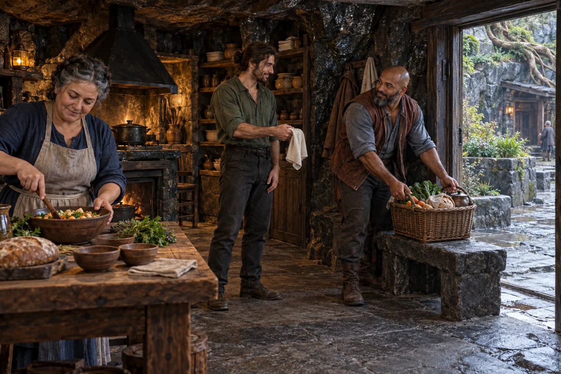 A basket comes to rest on a stone bench. A dry cloth is offered from within the room while a meal takes shape beside the open doorway.