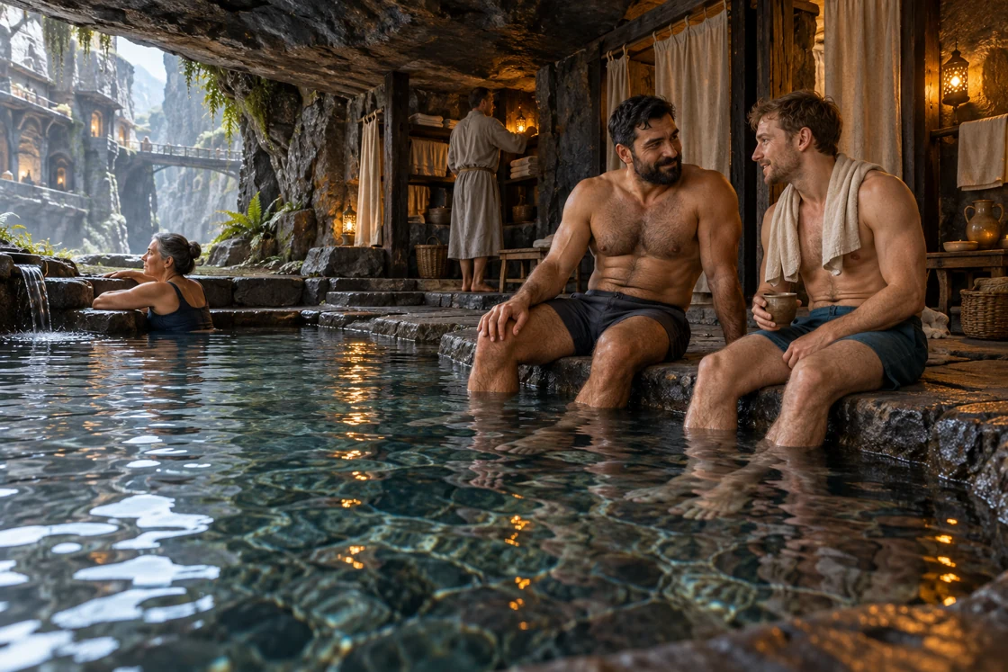 Two men sit at the edge of a sheltered pool, talking with their feet in the water. Other bathers find quieter places beneath the rock and timber roof.