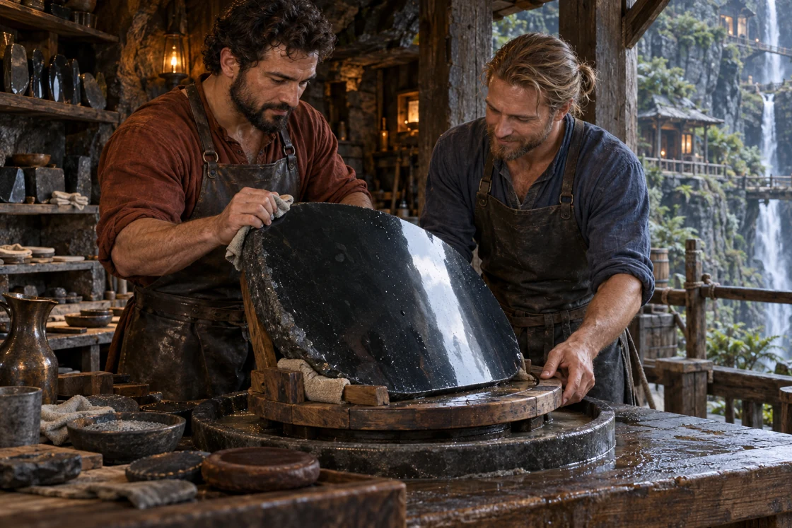 Two artisans steady a dark stone slab and examine its polished face. Water and tools remain close at hand beneath the workshop roof.