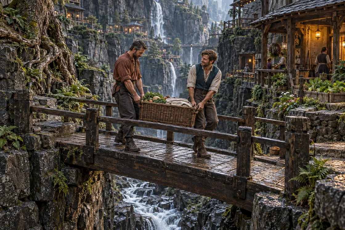 Two residents carry a broad basket across a short bridge. Their shared pace brings the load between the close walls of the gorge.