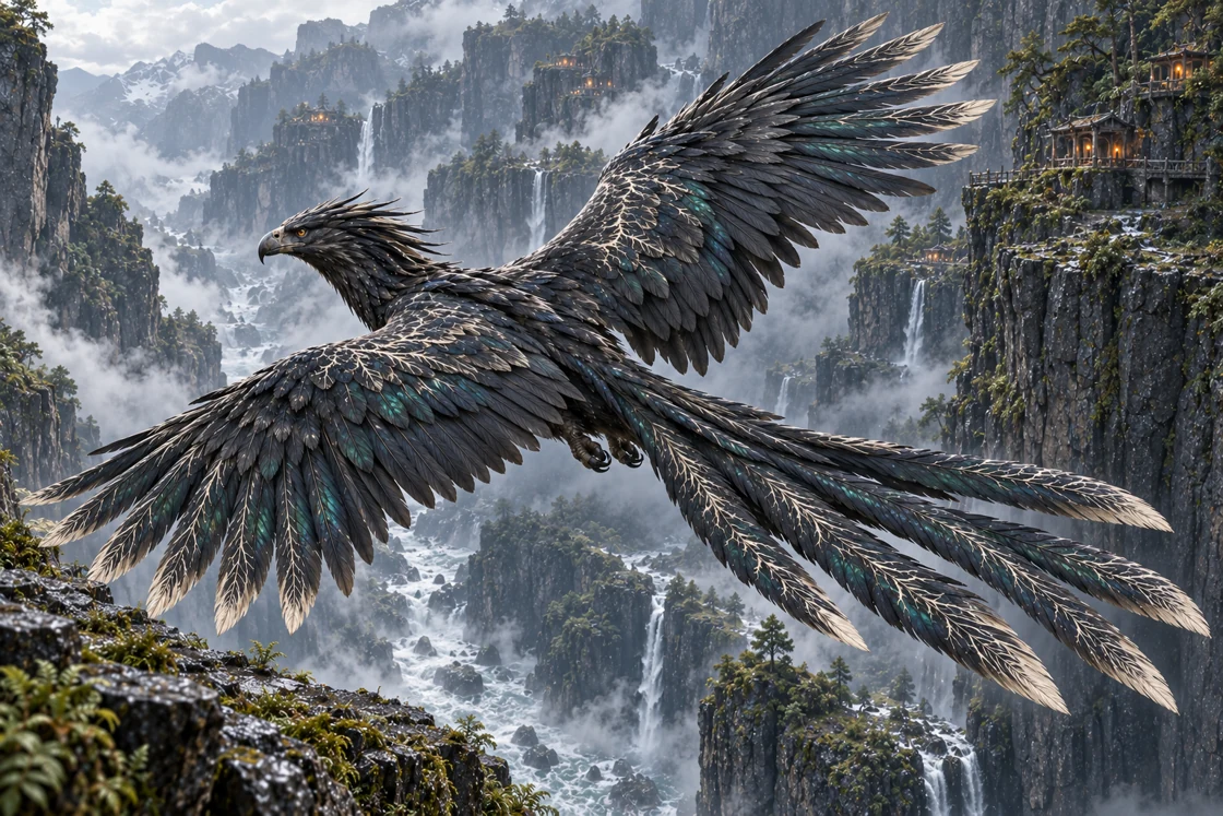The Simurgh banks between distant ledges, both wings open. Its long feathered tail follows the turn above the falling water.