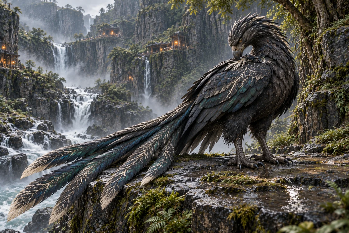 On an open ledge above the falls, a Veinstar Simurgh turns to groom its shoulder feathers. Its long tail rests along the rock.
