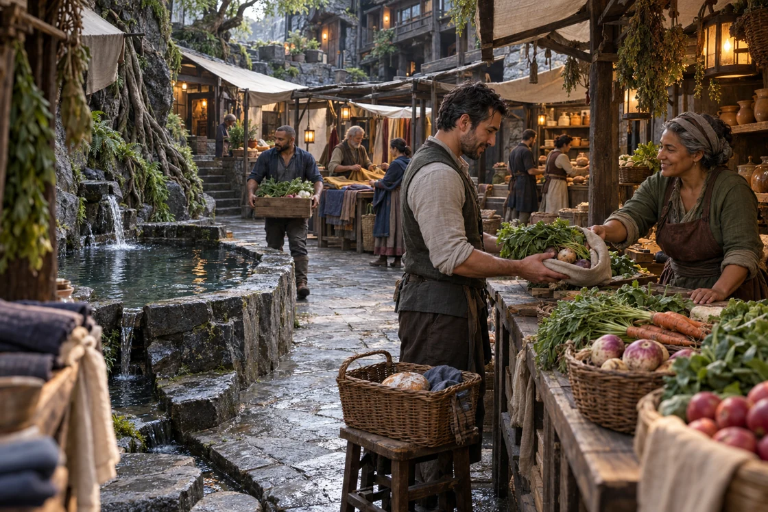 A bundle of provisions passes across a market stall. Produce, textiles and everyday supplies gather beside the stone basin.