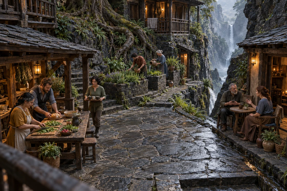 Food is prepared beside an open kitchen while neighbours tend a raised garden and talk at a small table. The courtyard holds several lives at once.