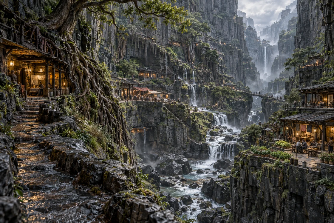 Homes, roots and descending water within a basalt gorge