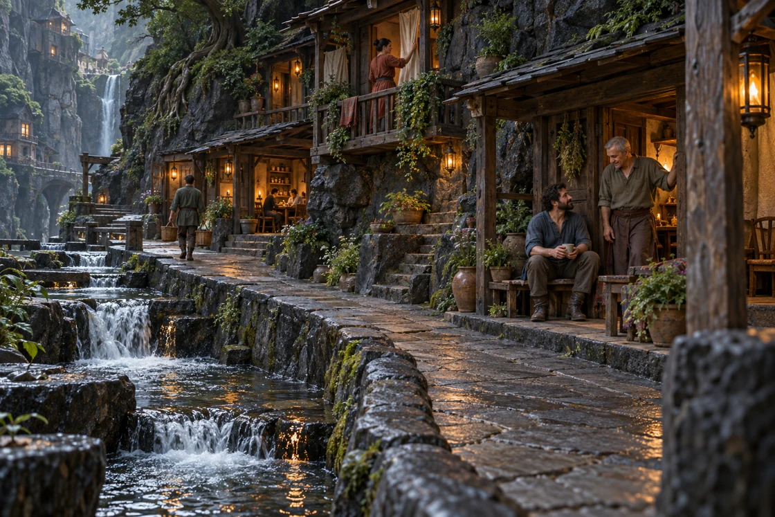 Along The Waterward Walk, a conversation lingers beneath a porch and a curtain is gathered above. Warm rooms remain occupied as water descends beside the path.