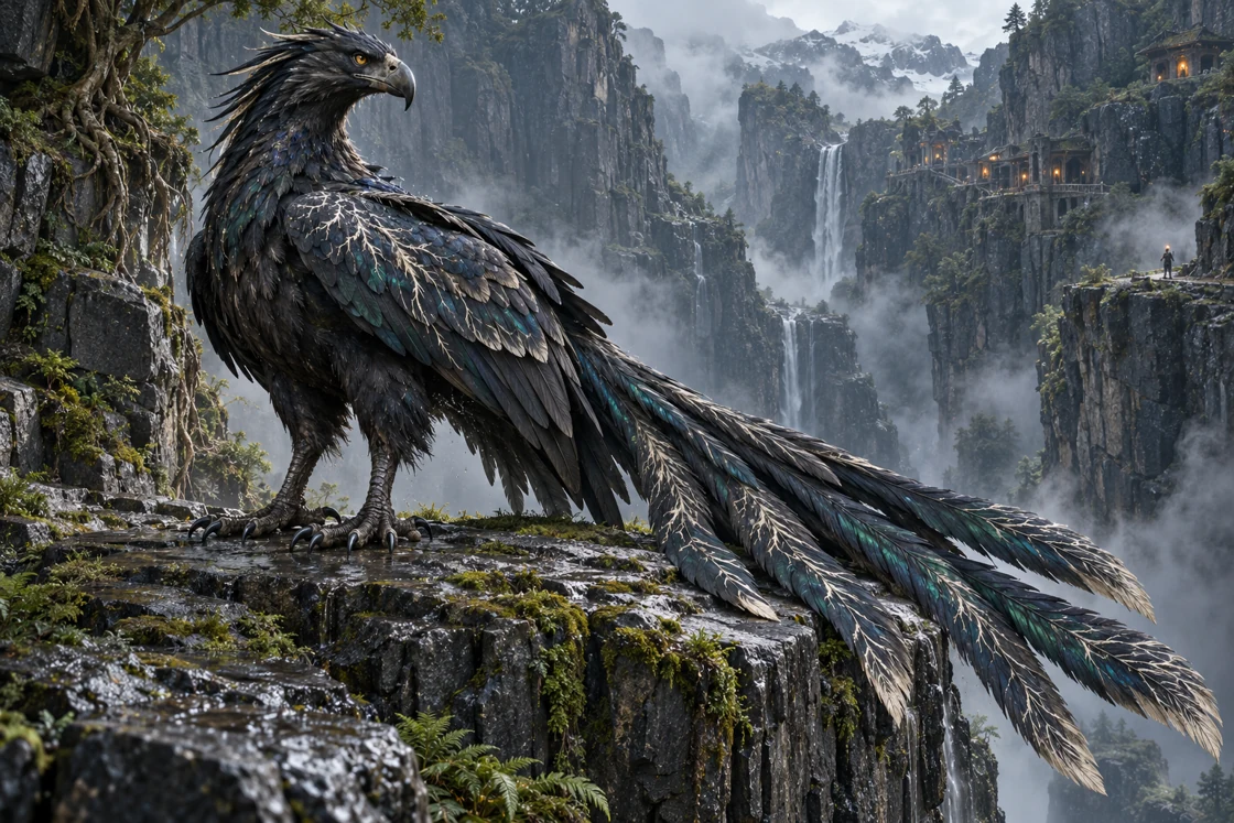 A Veinstar Simurgh stands on a broad mountain ledge. Graphite feathers carry green iridescence and pale branching patterns, continuing into its long, divided train.