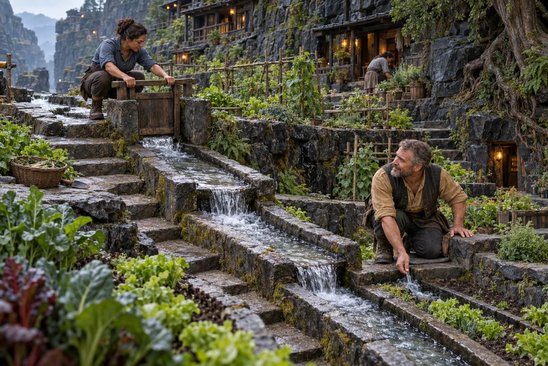 One resident adjusts a small gate while another checks the water below. Narrow channels carry the flow between the planted terraces.