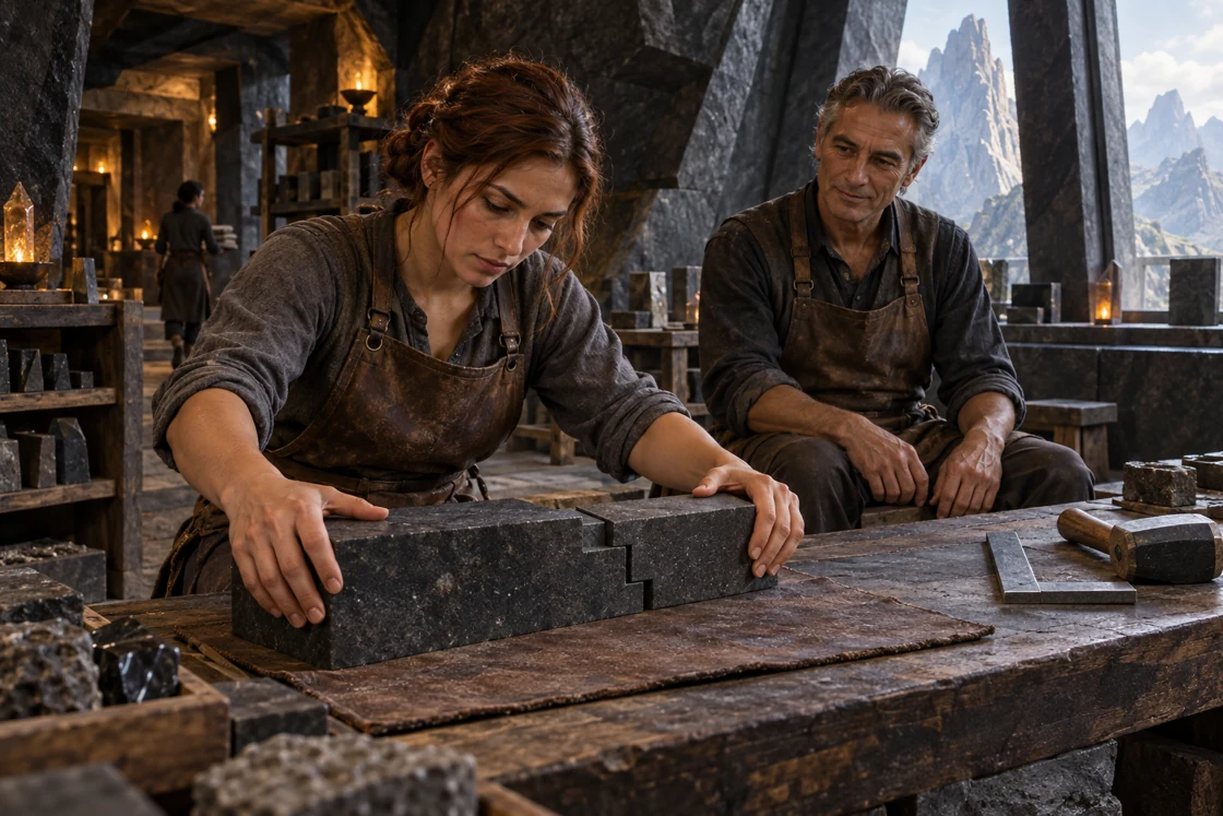 An apprentice adjusts a stone joint at the workbench. The specialist waits nearby, leaving room for the final movement.