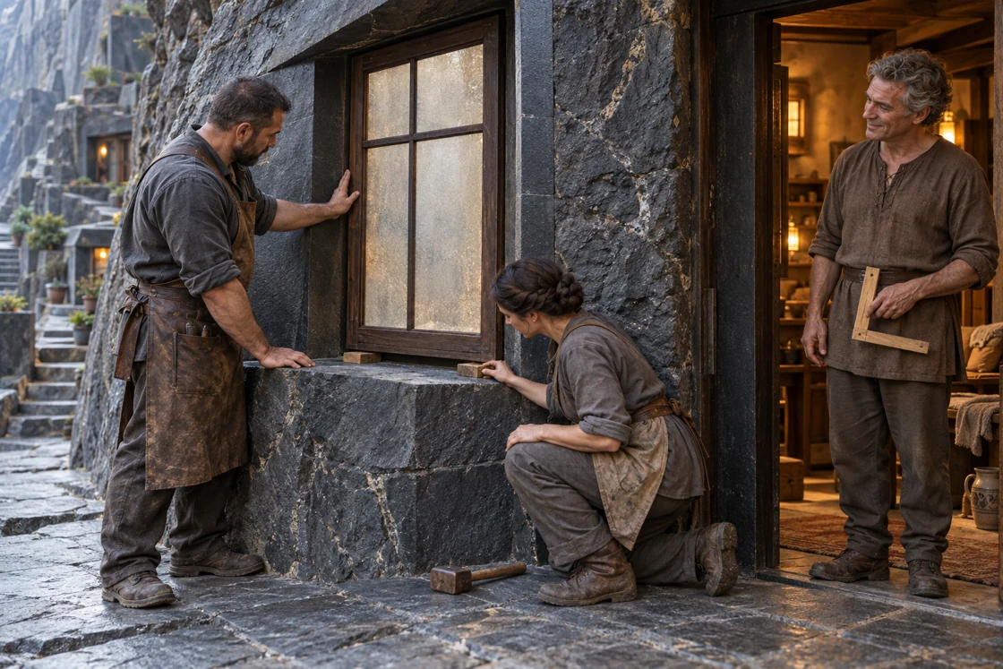 Two artisans position a window panel on visible supports. A resident waits with a square while they align the frame within the stone.