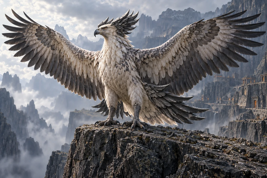 A Crown Roc bears ash and ivory plumage, immense feathered wings, and layered basalt and obsidian formations shaped like wings at its head and tail.