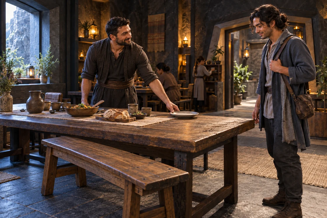 A plate is offered across the common table. An open place on the bench welcomes the person arriving for the meal.