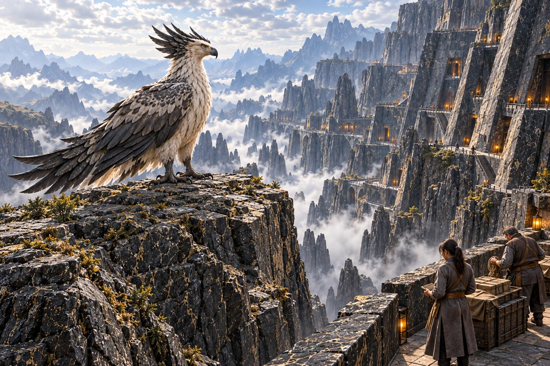 The Crown Roc rests with folded wings and looks across the valley. Across the cleft, an observer closes a notebook and another resident gathers cord beside a secured crate.