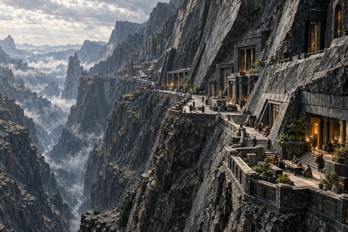 Monumental basalt facets and inhabited galleries above an open gorge