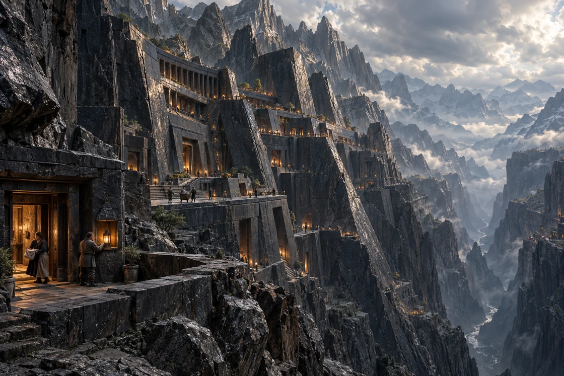 Sharp basalt ridges rise above the lit galleries and homes. On a nearby terrace, a cloth is brought indoors and a lantern tended while the mountain neighbourhood carries on.