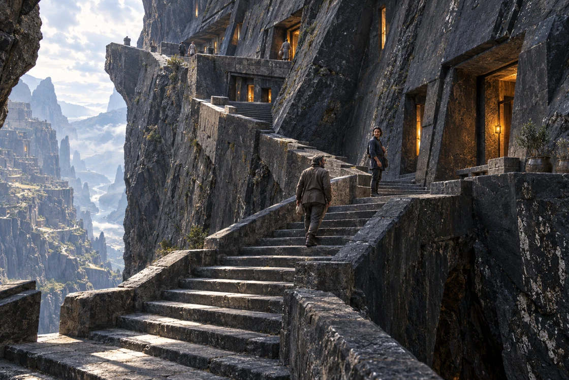 Two residents climb the great exterior stair at different paces. Beside a warmly lit doorway, the person ahead turns to wait.