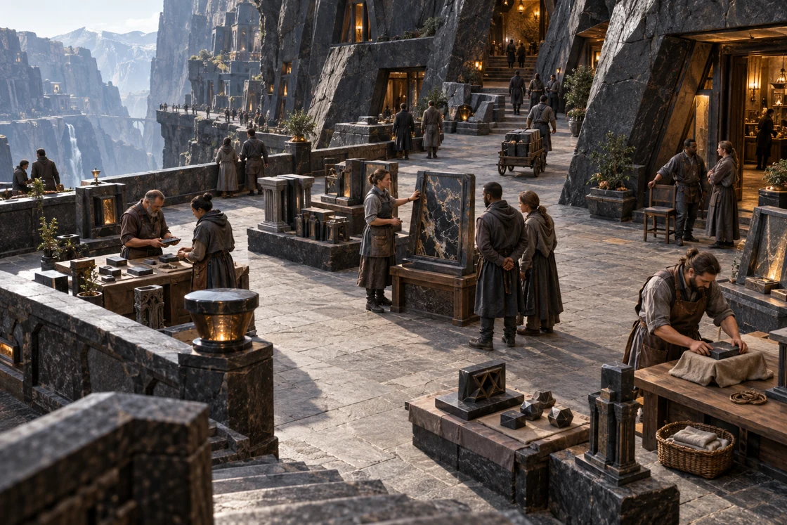 Stone pieces and samples gather on the terraces of The Stone Exchange. Residents examine finishes, discuss orders and move between the stands.