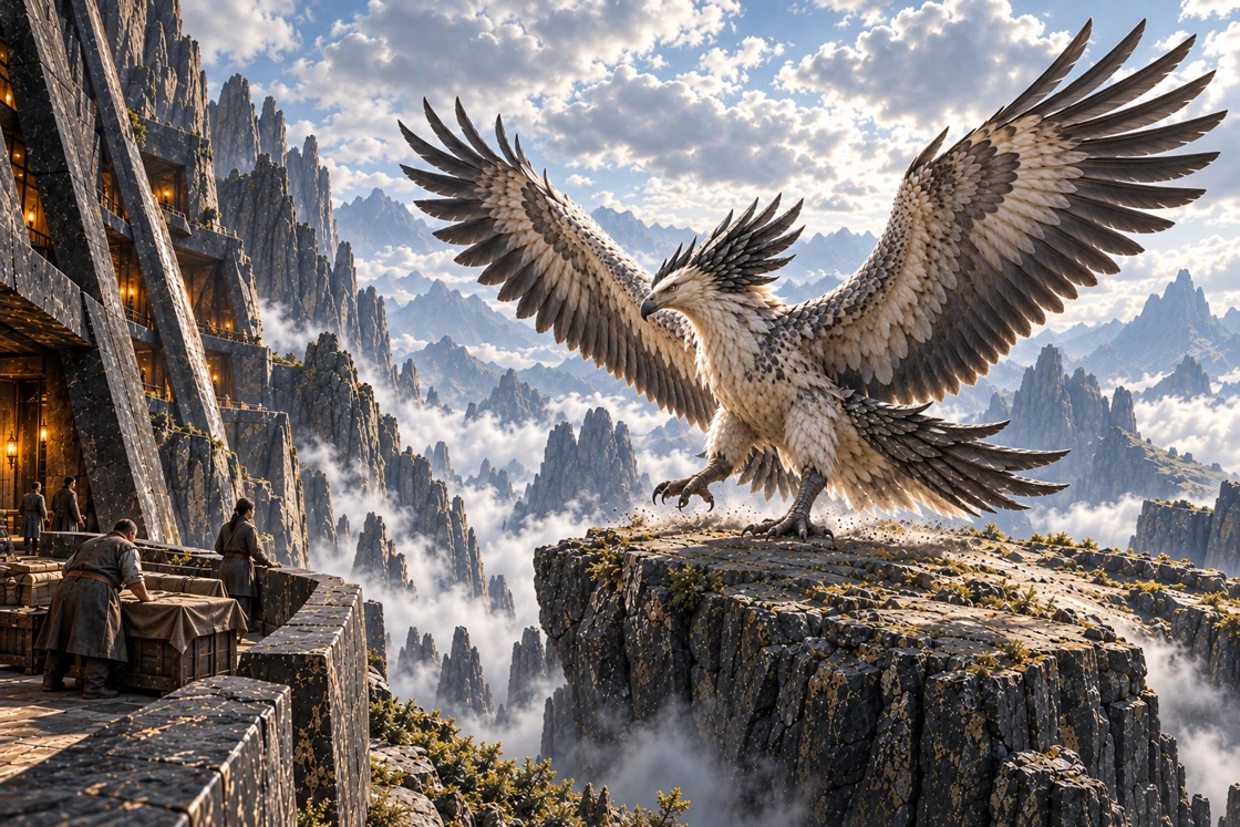 A Crown Roc settles onto a broad natural ledge with both wings spread. Residents watch from a separate gallery as one steadies a load against the movement of air.