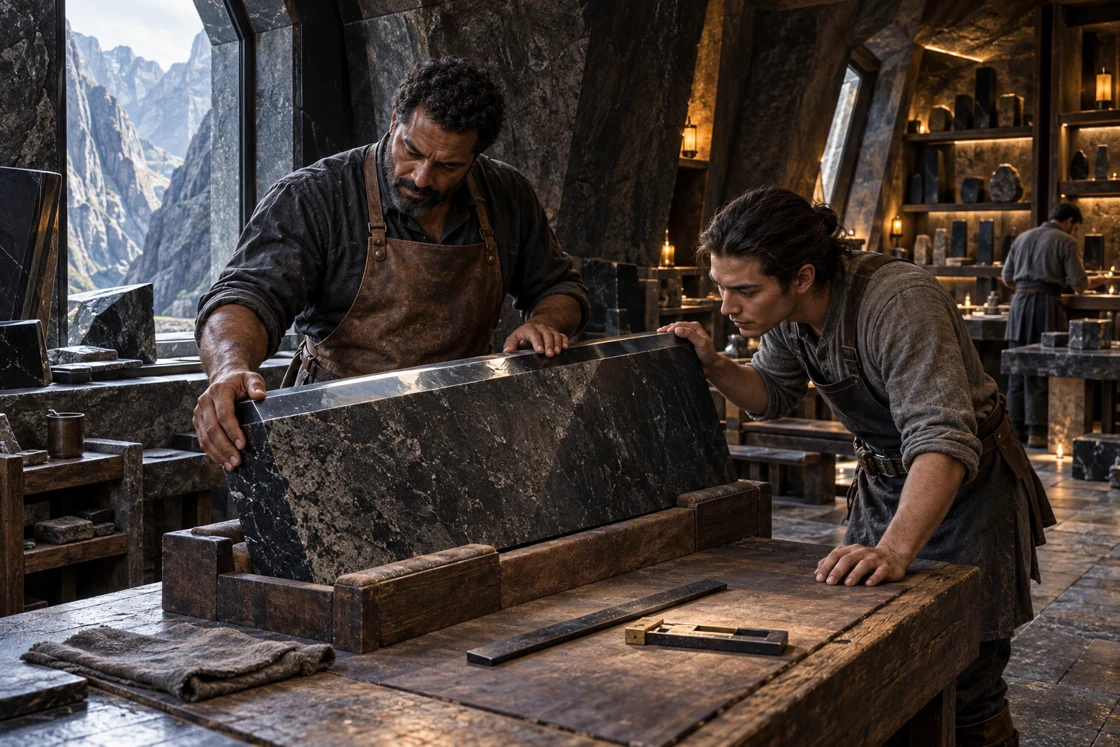 Two artisans tilt a stone piece beneath the side light, following its edge as the surface catches the brightness.