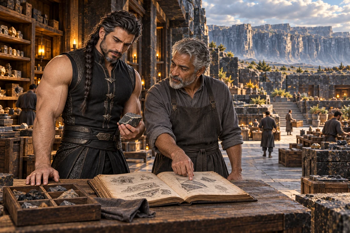 At an open archive threshold, a custodian points to a drawing in an old folio. Dhaurven holds a mineral piece beside the record while work continues in the court beyond.