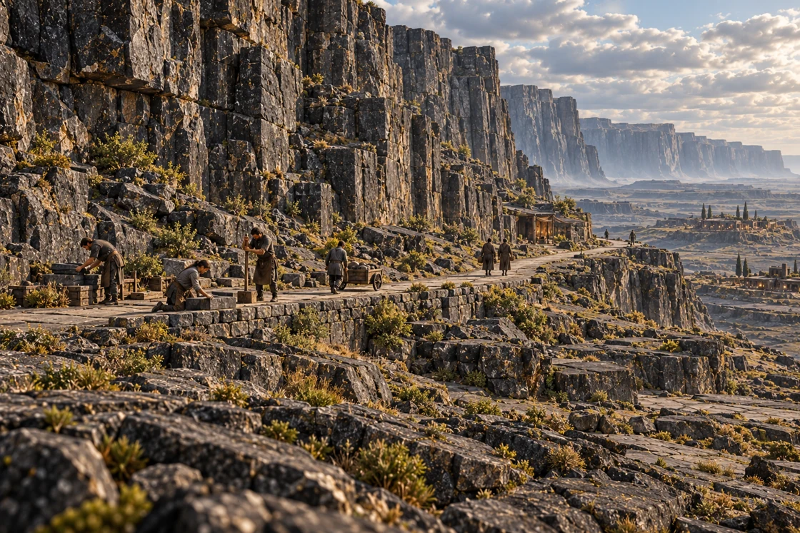 Below the immense weathered wall, a small team resets the edge of a path and compacts its bedding. Farther along, walkers continue between the settlements.