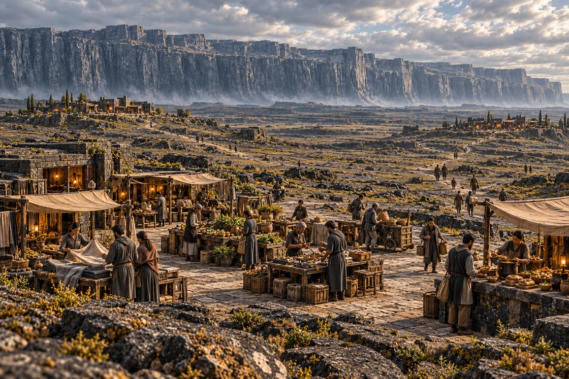 Textiles, produce and tools gather in a modest market between scattered homes. Customers move among the stands while broad paths continue across the bare plateau.