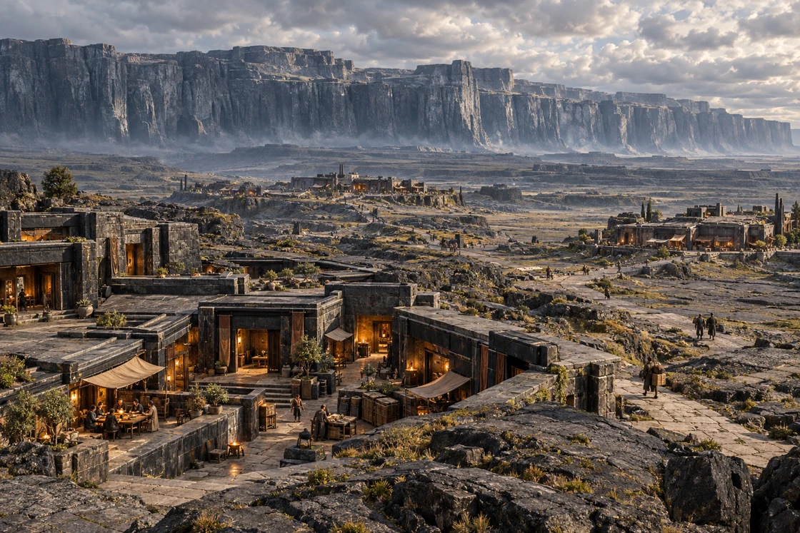 The Long Wall beyond low homes and sunken courtyards on an open plateau