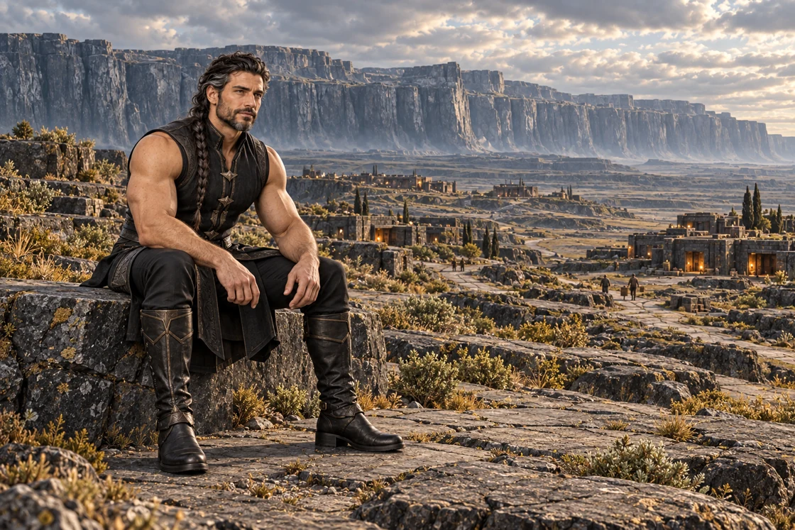 Dhaurven rests on a broad stone seat, his forearms resting on his thighs. Beyond him, low homes and paths spread across the open ground beneath The Long Wall.