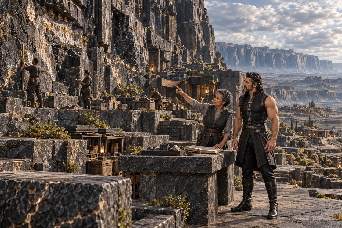 A specialist points out a mineral face while Dhaurven listens beside a table of samples and records. Other residents take their own measurements along the terraces.