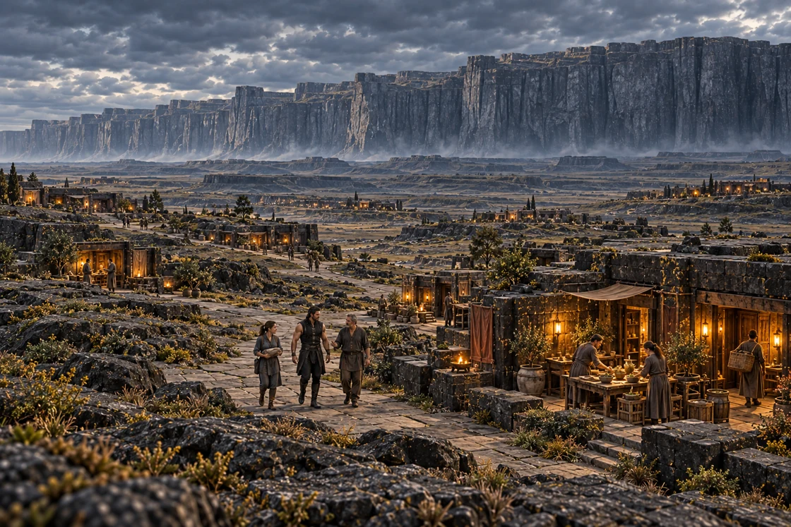 Dhaurven and two residents walk towards a warmly lit courtyard. Nearby work and conversation continue, while the great escarpment stretches far beyond the lamps.