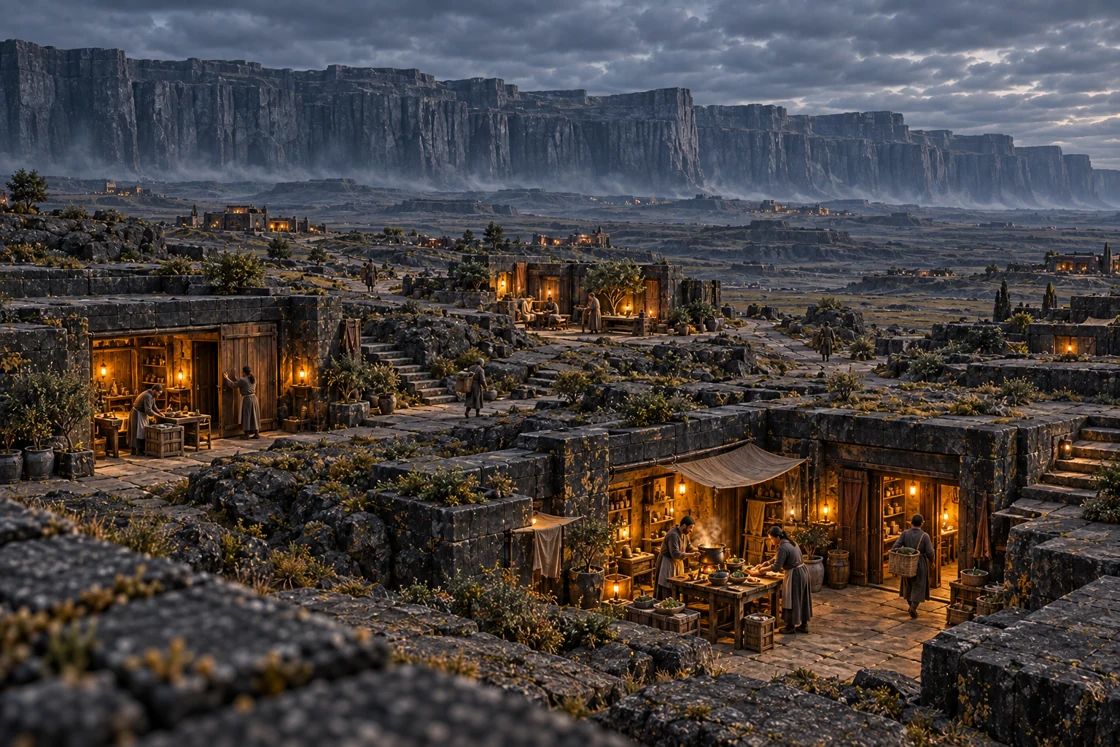 Warm lamps gather in the sunken courts beneath a dim, cool sky. Food is prepared, a workshop shutter is closed and neighbours continue a conversation among the low roofs.